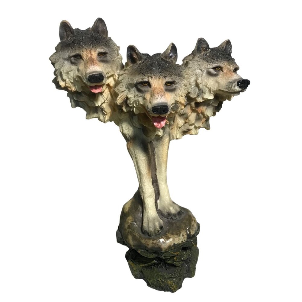 Three Wolf Heads On Rock Base Sculpture Figurine Resin Home Decor Ornament